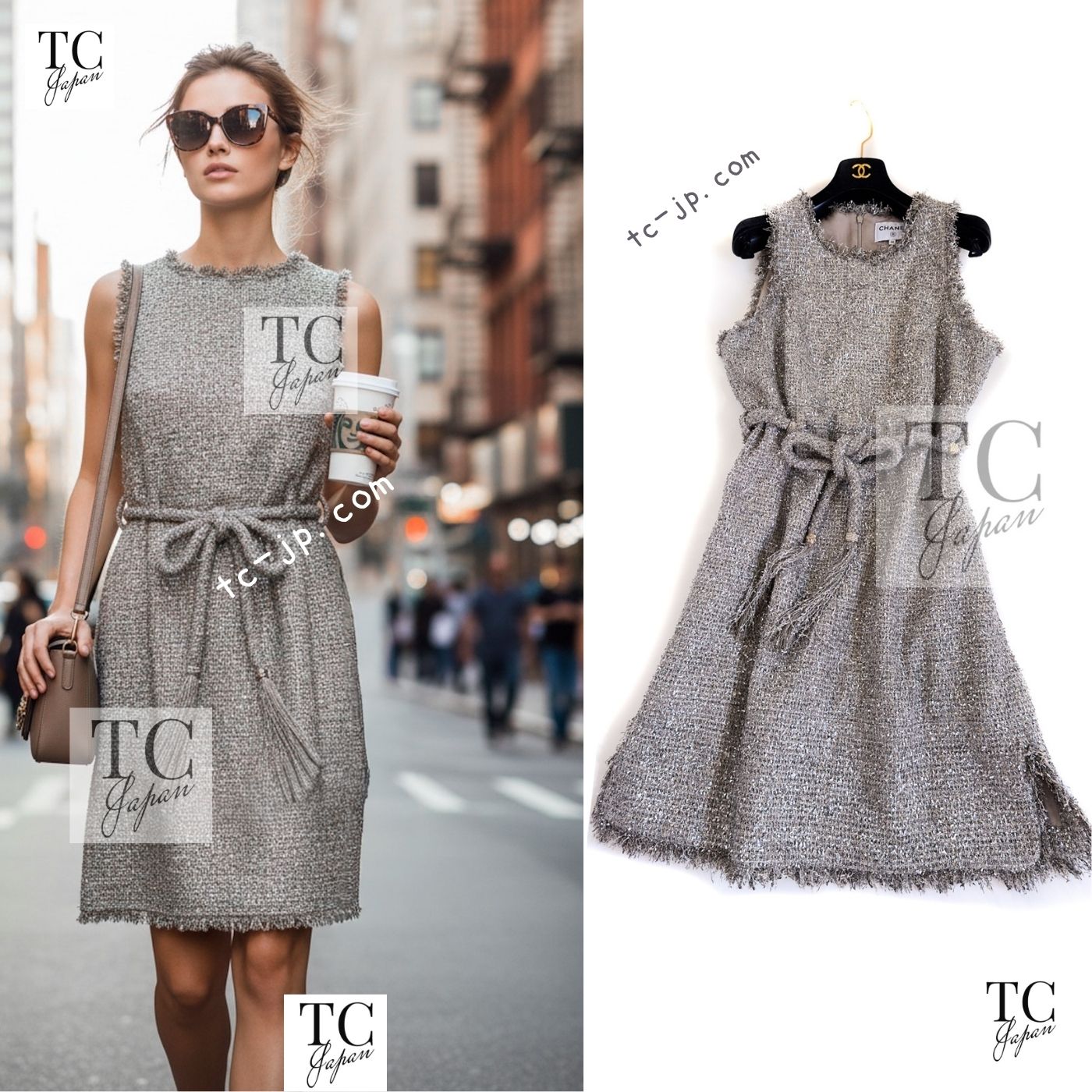 CHANEL 18C Gray Silver Metallic Fringe Trim Cotton Dress 38 44 シャネル グレー シルバー メタリック フリンジ トリミング コットン ワンピース