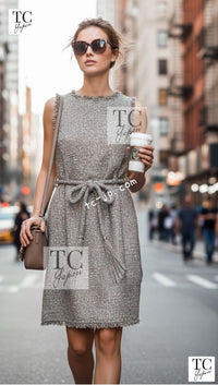 CHANEL 18C Gray Silver Metallic Fringe Trim Cotton Dress 38 44 シャネル グレー シルバー メタリック フリンジ トリミング コットン ワンピース