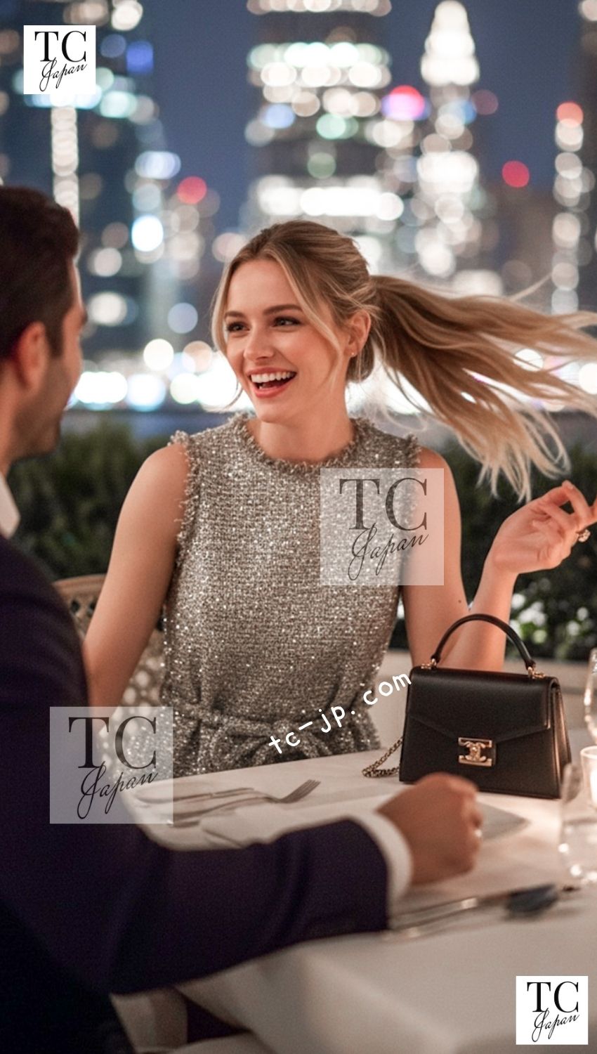 シャネル ワンピース CHANEL 18C グレー シルバー メタリック フリンジ