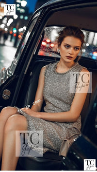 CHANEL 18C Gray Silver Metallic Fringe Trim Cotton Dress 38 44 シャネル グレー シルバー メタリック フリンジ トリミング コットン ワンピース