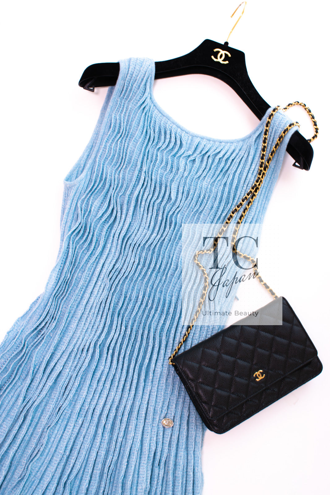 CHANEL 13C Baby Blue Cashmere Linen Ruffle Knit A-Line Stretch Dress 36 38  シャネル ベビー ブルー カシミア リネン ストレッチ ニット ワンピース 即発