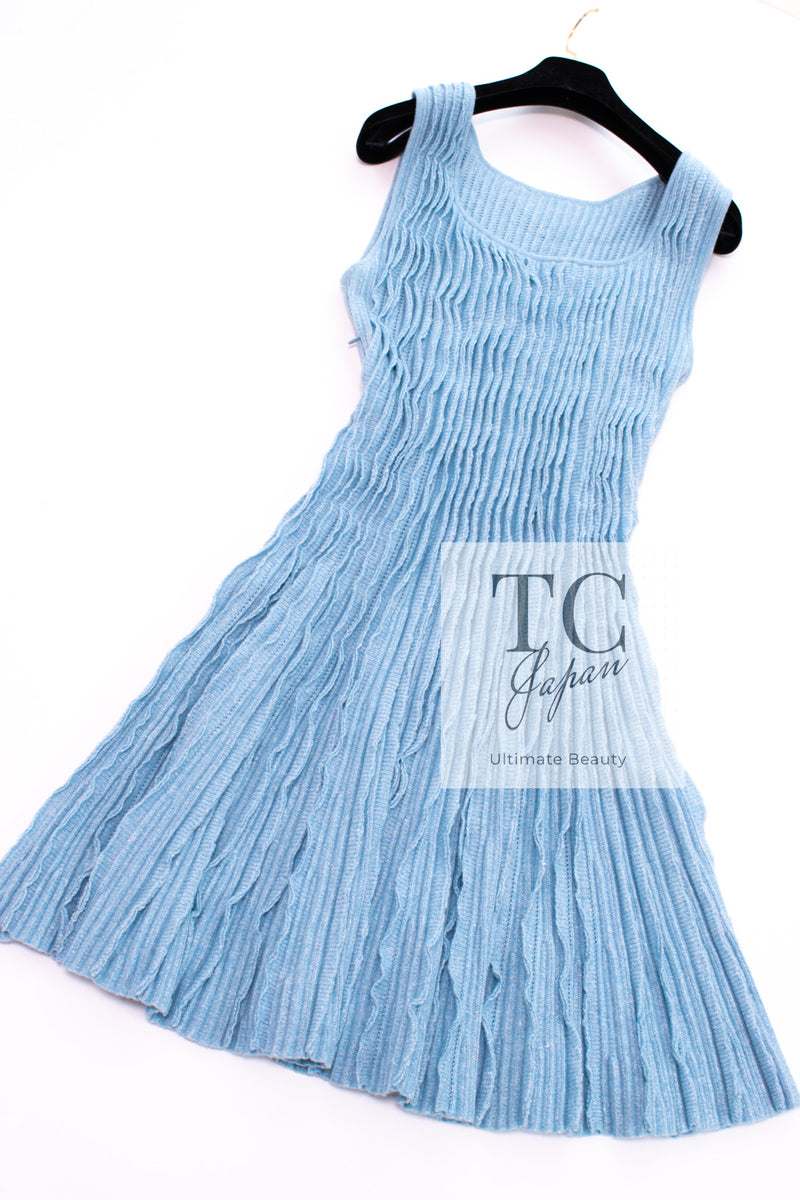 CHANEL 13C Baby Blue Cashmere Linen Ruffle Knit A-Line Stretch Dress 36 38 シャネル ベビー ブルー カシミア リネン ストレッチ ニット ワンピース 即発