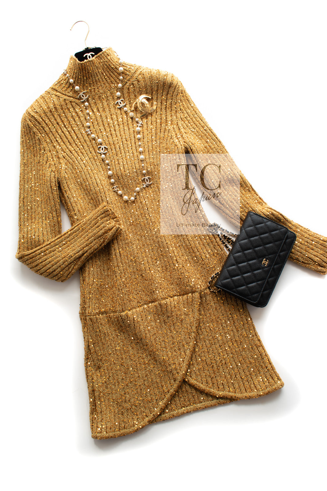 CHANEL 19PF Gold Metallic Sequin Embellishments Cashmere Knit Dress 34 36 シャネル ゴールド スパンコール カシミヤ ニット ワンピース 即発