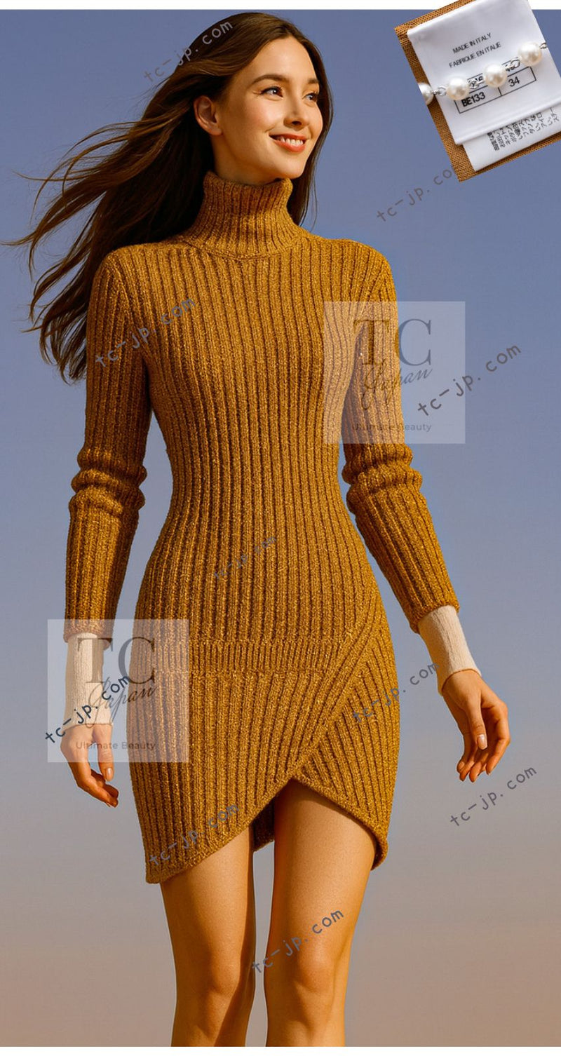 CHANEL 19PF Gold Metallic Sequin Embellishments Cashmere Knit Dress 34 36 シャネル ゴールド スパンコール カシミヤ ニット ワンピース 即発