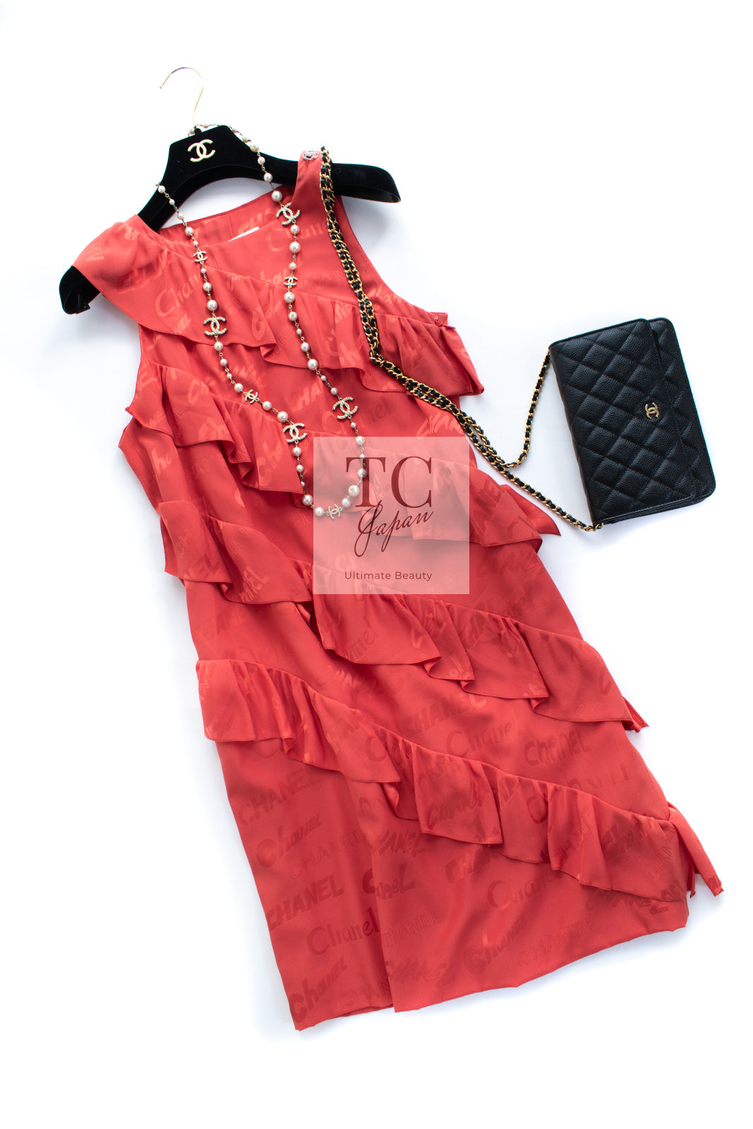 CHANEL 22PS Burnt Orange Signature Logo Frill Silk Dress 38 シャネル オレンジ  シグネチャー ロゴ柄 シルク100% ワンピース 即発