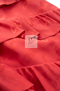 CHANEL 22PS Burnt Orange Signature Logo Frill Silk Dress 38 シャネル オレンジ シグネチャー ロゴ柄 シルク100% ワンピース 即発