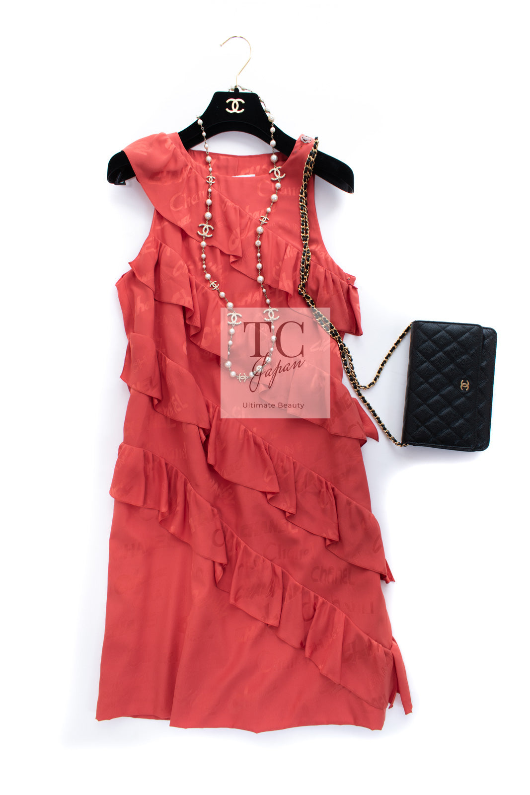 CHANEL 22PS Burnt Orange Signature Logo Frill Silk Dress 38 シャネル オレンジ  シグネチャー ロゴ柄 シルク100% ワンピース 即発