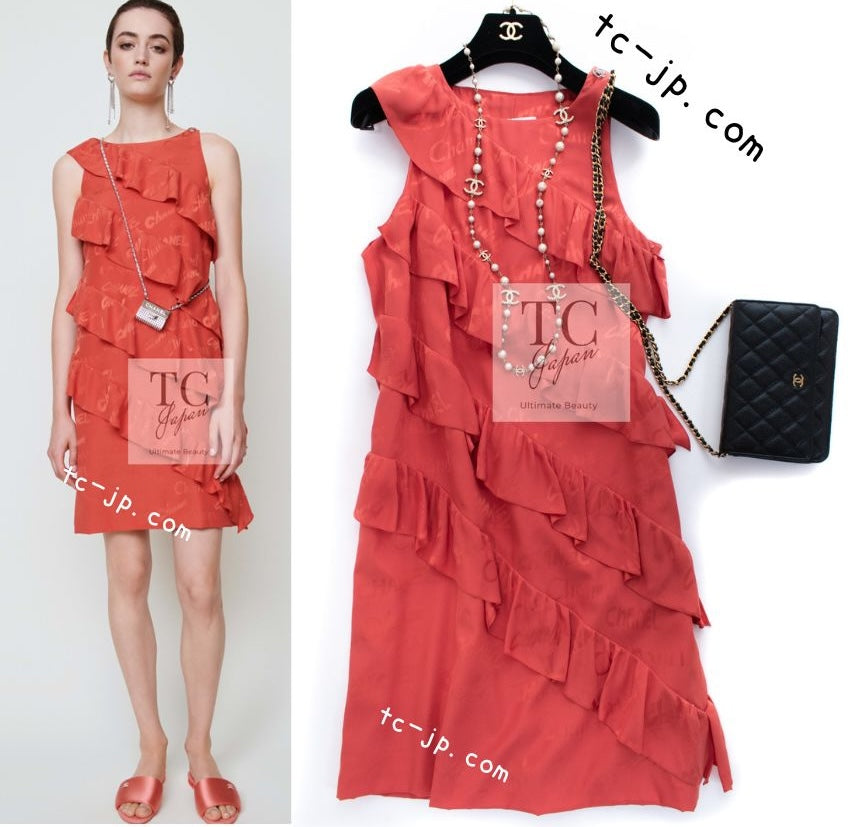 シャネル ワンピース CHANEL オレンジ シグネチャー ロゴ柄 シルク100% 22PS Burnt Orange Signature Logo  Frill Silk Dress – TC JAPAN