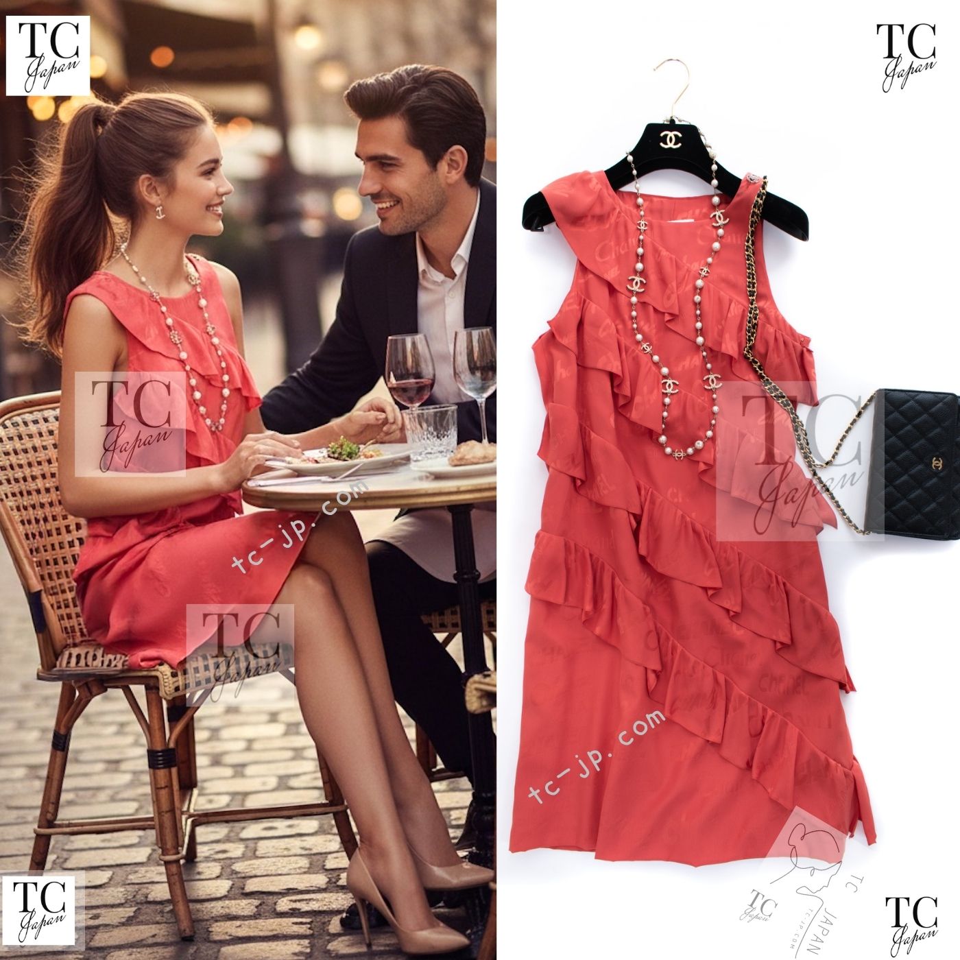 CHANEL 22PS Burnt Orange Signature Logo Frill Silk Dress 38 シャネル オレンジ シグネチャー ロゴ柄 シルク100% ワンピース 即発