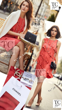 CHANEL 22PS Burnt Orange Signature Logo Frill Silk Dress 38 シャネル オレンジ シグネチャー ロゴ柄 シルク100% ワンピース 即発