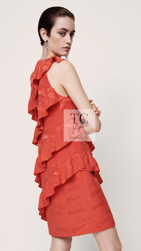 CHANEL 22PS Burnt Orange Signature Logo Frill Silk Dress 38 シャネル オレンジ シグネチャー ロゴ柄 シルク100% ワンピース 即発