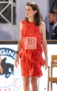 CHANEL 22PS Burnt Orange Signature Logo Frill Silk Dress 38 シャネル オレンジ シグネチャー ロゴ柄 シルク100% ワンピース 即発