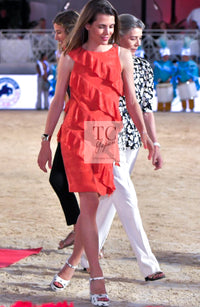 CHANEL 22PS Burnt Orange Signature Logo Frill Silk Dress 38 シャネル オレンジ シグネチャー ロゴ柄 シルク100% ワンピース 即発