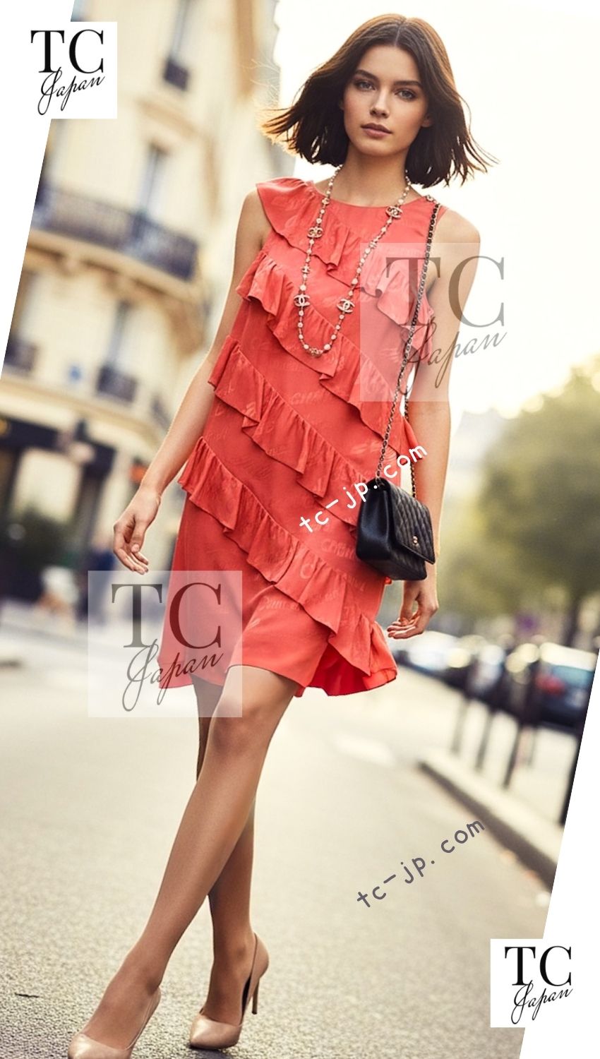 CHANEL 22PS Burnt Orange Signature Logo Frill Silk Dress 38 シャネル オレンジ シグネチャー ロゴ柄 シルク100% ワンピース 即発