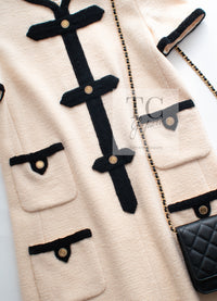 CHANEL 05A Cream Black Trim CC Buttons Wool Dress 36 シャネル クリーム ブラック トリム ココボタン 半袖 ウール ワンピース 即発