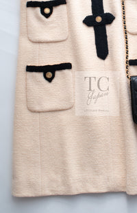 CHANEL 05A Cream Black Trim CC Buttons Wool Dress 36 シャネル クリーム ブラック トリム ココボタン 半袖 ウール ワンピース 即発