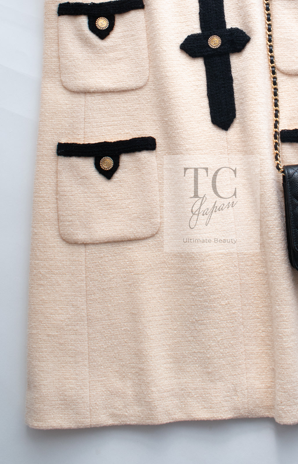 CHANEL 05A Cream Black Trim CC Buttons Wool Dress 36 シャネル クリーム ブラック トリム ココボタン 半袖 ウール ワンピース 即発