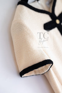 CHANEL 05A Cream Black Trim CC Buttons Wool Dress 36 シャネル クリーム ブラック トリム ココボタン 半袖 ウール ワンピース 即発