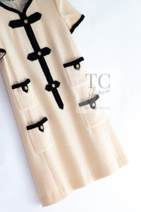 CHANEL 05A Cream Black Trim CC Buttons Wool Dress 36 シャネル クリーム ブラック トリム ココボタン 半袖 ウール ワンピース 即発