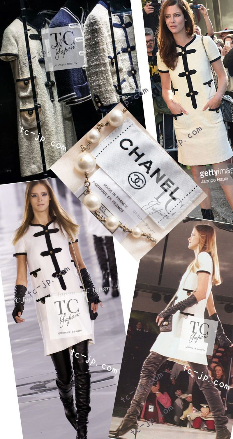 CHANEL 05A Cream Black Trim CC Buttons Wool Dress 34 シャネル クリーム ブラック トリム ココボタン 半袖 ウール ワンピース 即発