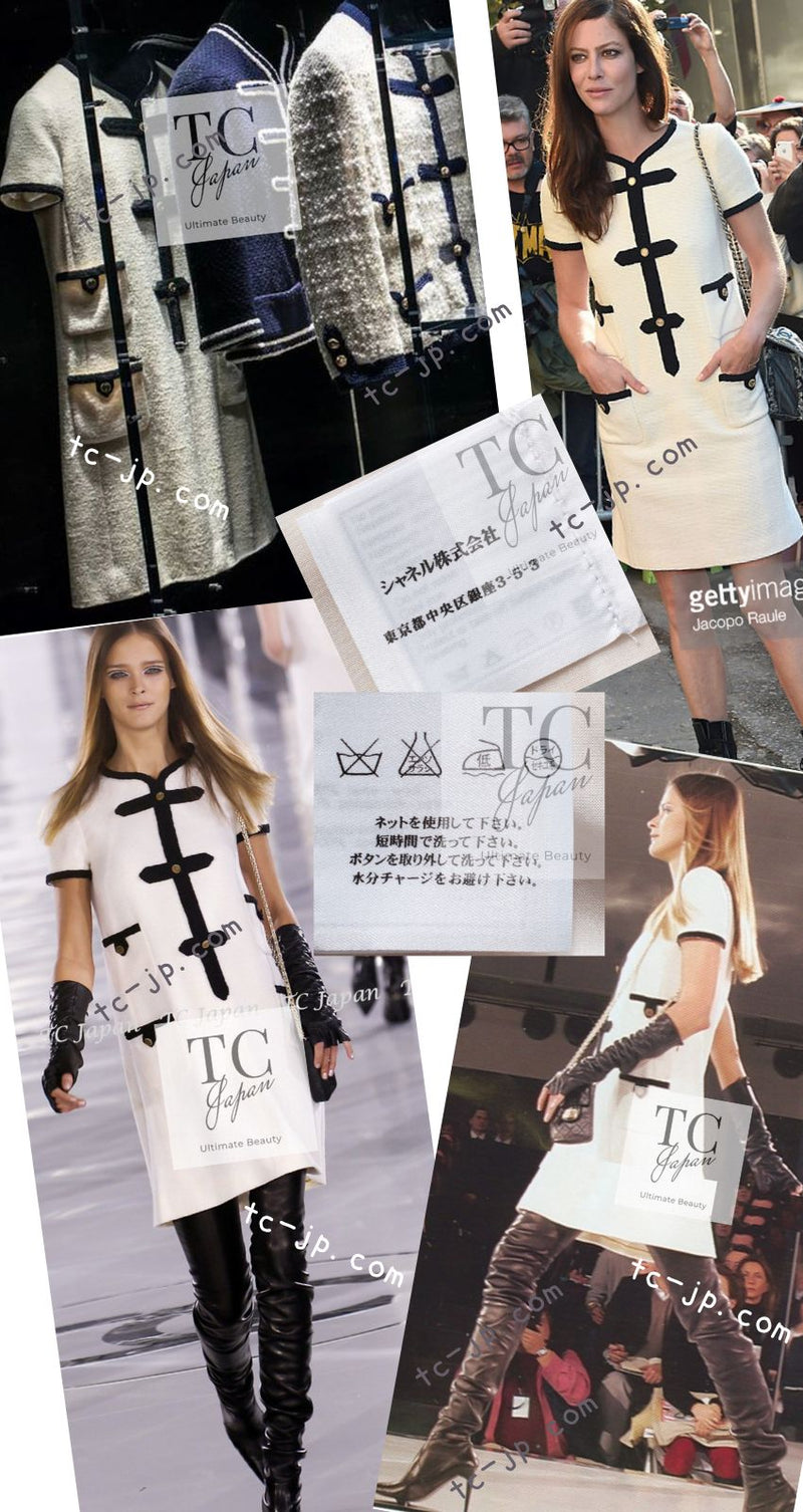 CHANEL 05A Cream Black Trim CC Buttons Wool Dress 36 シャネル クリーム ブラック トリム ココボタン 半袖 ウール ワンピース 即発