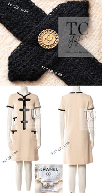 CHANEL 05A Cream Black Trim CC Buttons Wool Dress 36 シャネル クリーム ブラック トリム ココボタン 半袖 ウール ワンピース 即発