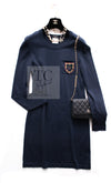 CHANEL 13PF Navy Emblem Wool 100% Stretch Knit Sweater Dress 36 シャネル ネイビー エンブレム ワッペン ウール100% ニット ストレッチ 薄手 セーター ワンピース 即発