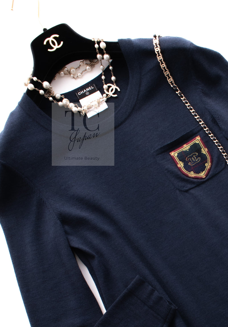 CHANEL 13PF Navy Emblem Wool 100% Stretch Knit Sweater Dress 36 シャネル ネイビー エンブレム ワッペン ウール100% ニット ストレッチ 薄手 セーター ワンピース 即発