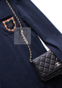 CHANEL 13PF Navy Emblem Wool 100% Stretch Knit Sweater Dress 36 シャネル ネイビー エンブレム ワッペン ウール100% ニット ストレッチ 薄手 セーター ワンピース 即発