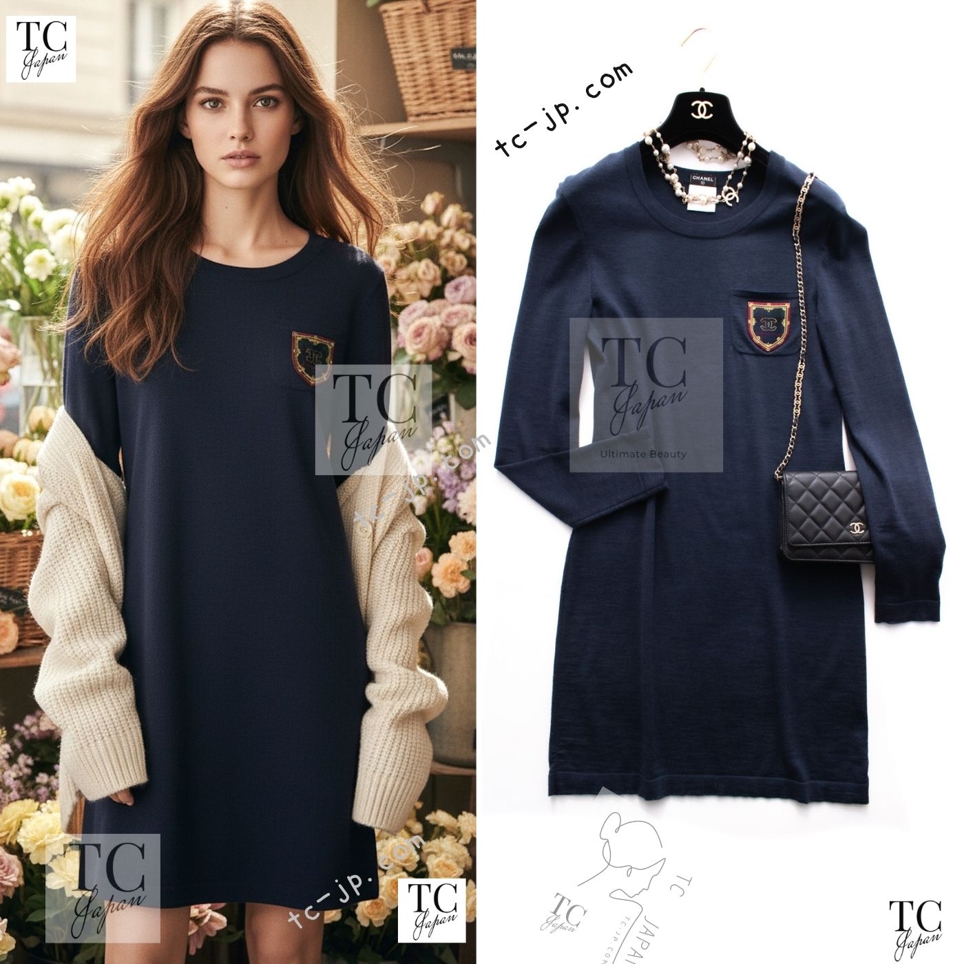 CHANEL 13PF Navy Emblem Wool 100% Stretch Knit Sweater Dress 36 シャネル ネイビー エンブレム ワッペン ウール100% ニット ストレッチ 薄手 セーター ワンピース 即発