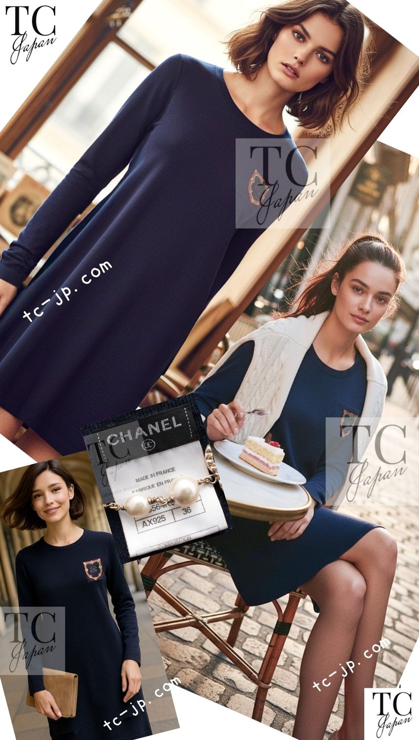 CHANEL 13PF Navy Emblem Wool 100% Stretch Knit Sweater Dress 36 シャネル ネイビー エンブレム ワッペン ウール100% ニット ストレッチ 薄手 セーター ワンピース 即発