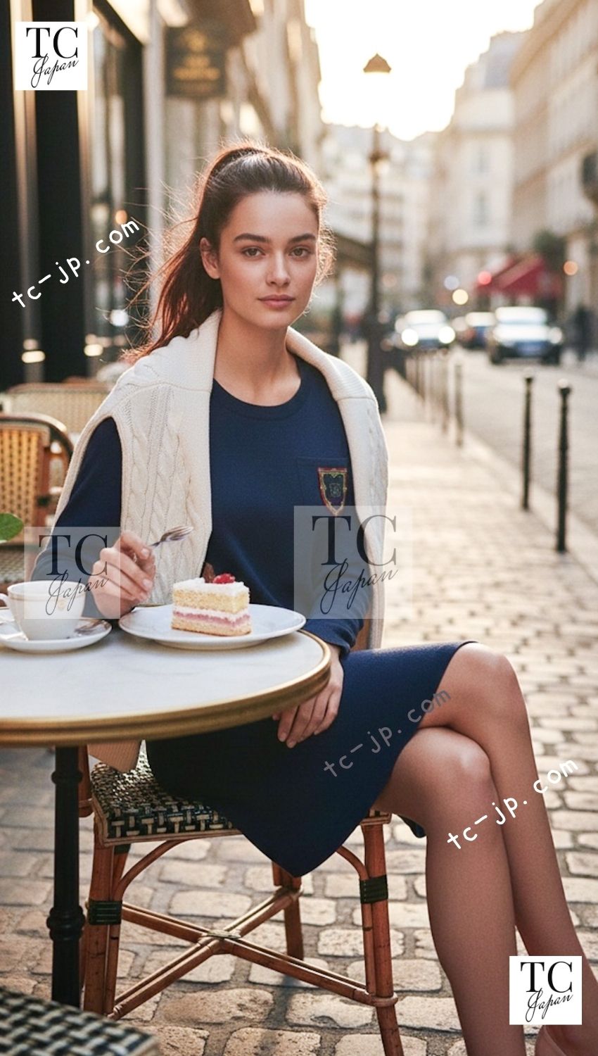 CHANEL 13PF Navy Emblem Wool 100% Stretch Knit Sweater Dress 36 シャネル ネイビー エンブレム ワッペン ウール100% ニット ストレッチ 薄手 セーター ワンピース 即発