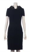 CHANEL 12A Dark Navy Wool Mesh Organza Stand Collar Wood Buttons Dress 36 シャネル ダーク ネイビー ウール メッシュ オーガンジー スタンド カラー ウッド ボタン ワンピース 即発
