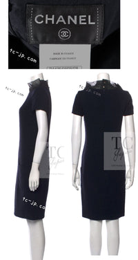 CHANEL 12A Dark Navy Wool Mesh Organza Stand Collar Wood Buttons Dress 36 シャネル ダーク ネイビー ウール メッシュ オーガンジー スタンド カラー ウッド ボタン ワンピース 即発