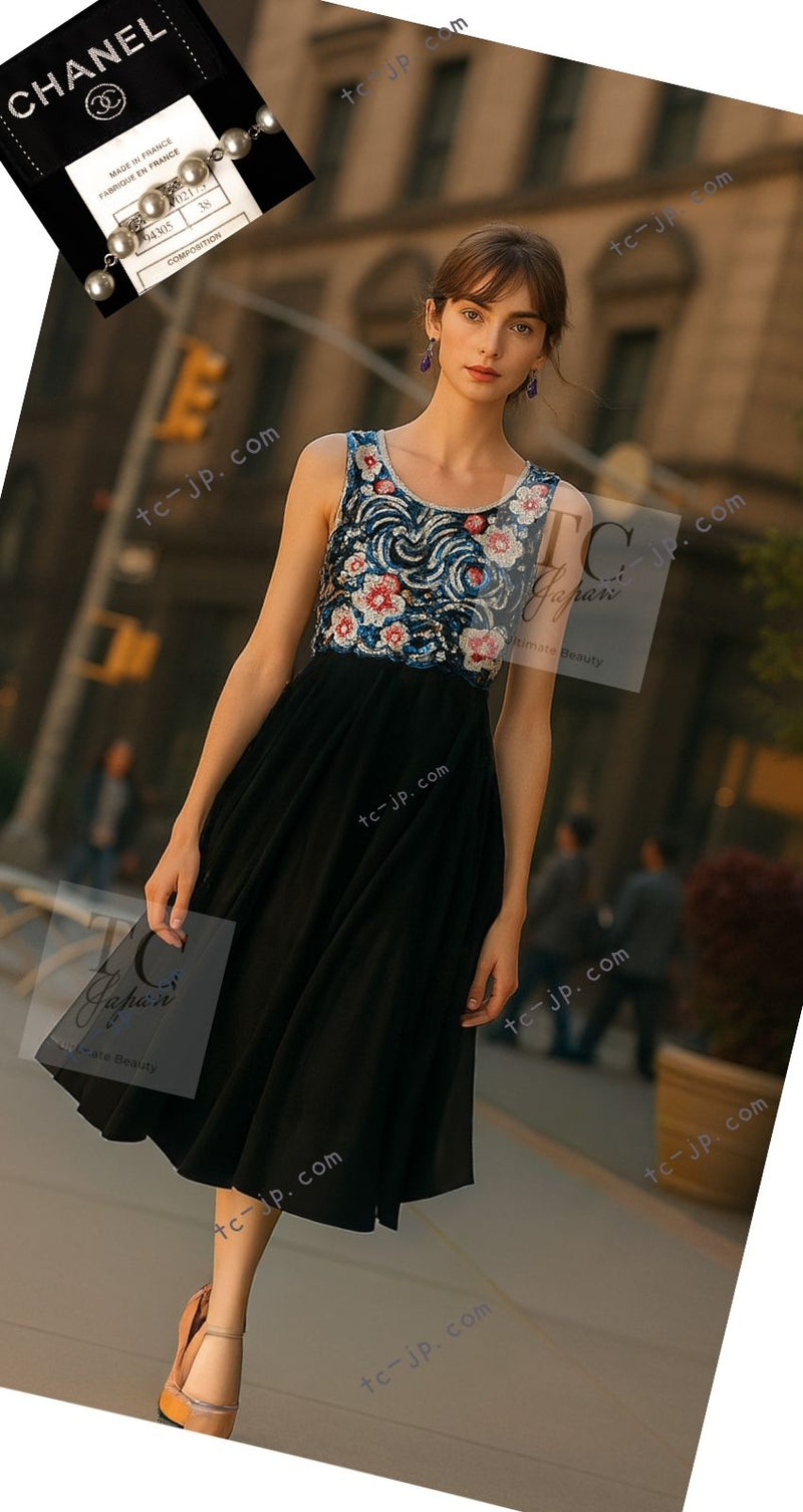 CHANEL 01A Black Multicolor Sequin Embellishments Silk Dress 36 38 シャネル ブラック マルチカラー シルク スパンコール 幻のドレス ワンピース 即発