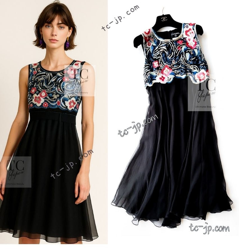 CHANEL 01A Black Multicolor Sequin Embellishments Silk Dress 36 38 シャネル ブラック マルチカラー シルク スパンコール 幻のドレス ワンピース 即発