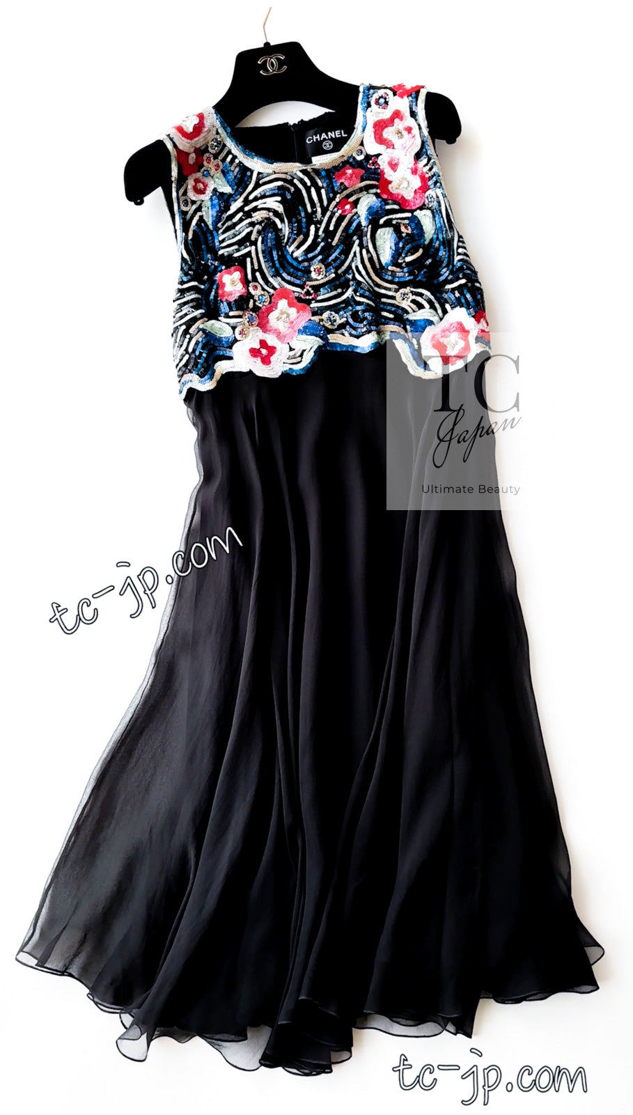CHANEL 01A Black Multicolor Sequin Embellishments Silk Dress 38 シャネル ブラック マルチカラー シルク スパンコール 幻のドレス ワンピース 即発