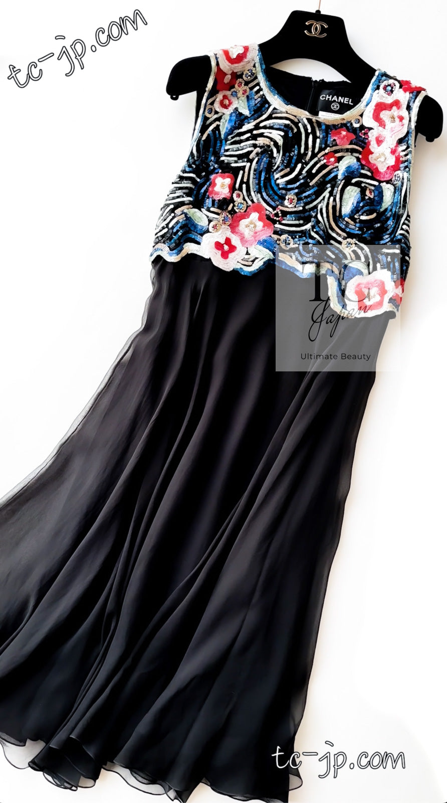 CHANEL 01A Black Multicolor Sequin Embellishments Silk Dress 38 シャネル ブラック マルチカラー シルク スパンコール 幻のドレス ワンピース 即発