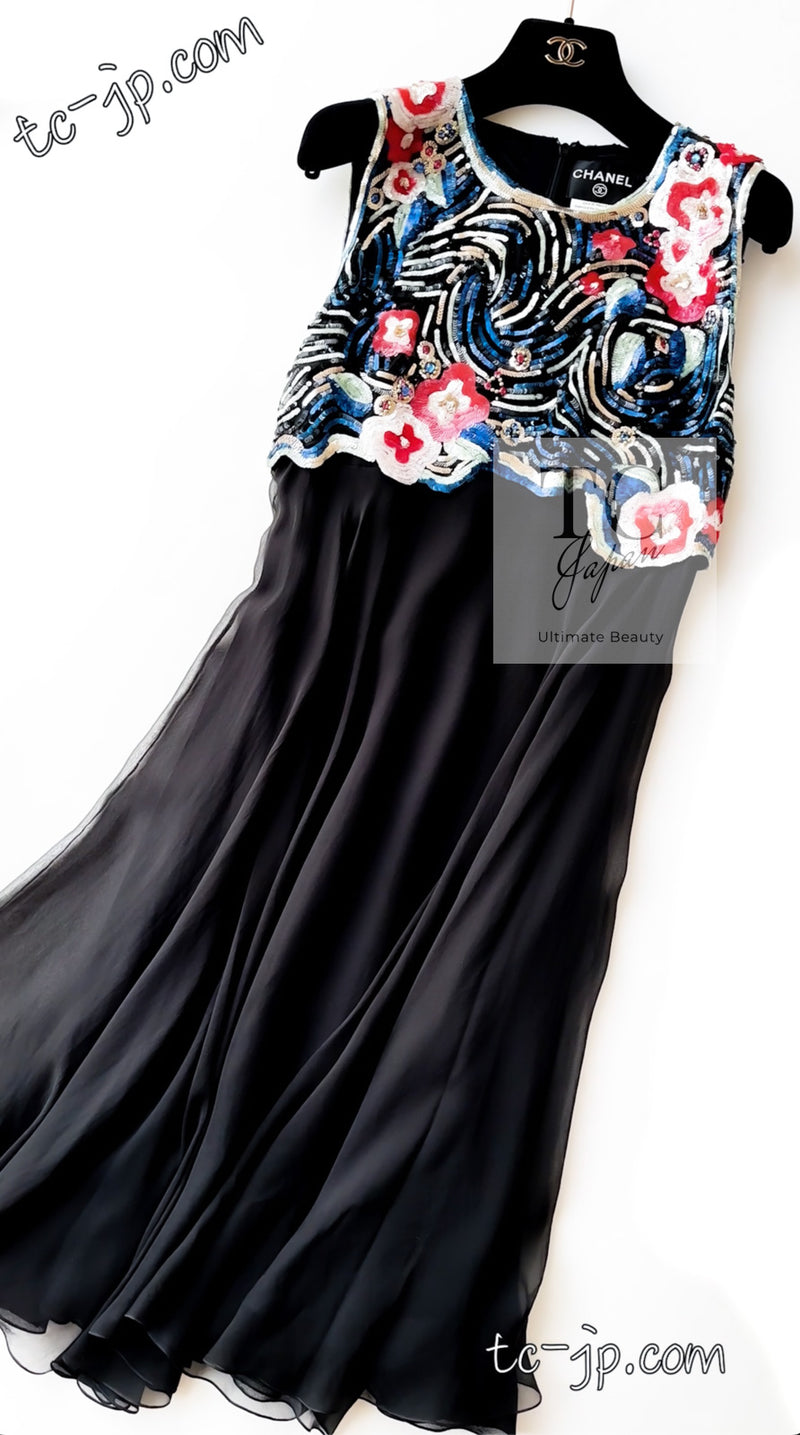 CHANEL 01A Black Multicolor Sequin Embellishments Silk Dress 38 シャネル ブラック マルチカラー シルク スパンコール 幻のドレス ワンピース 即発