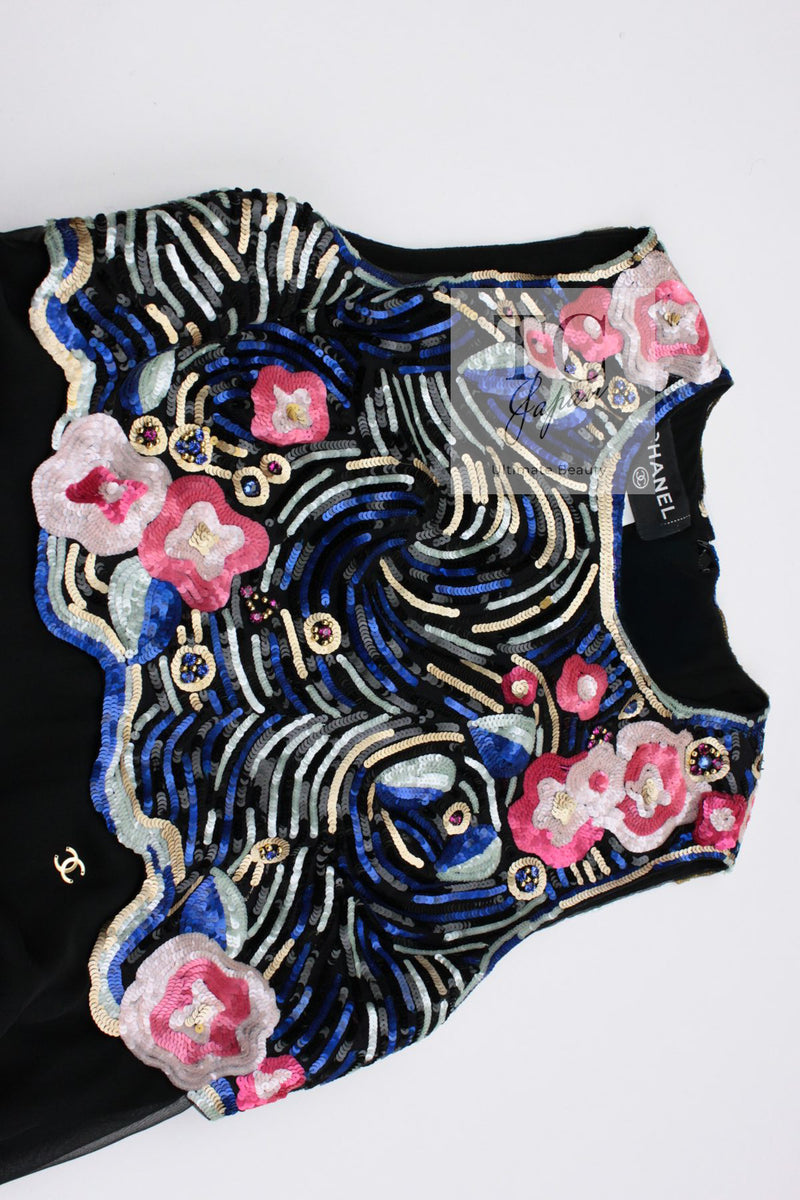 CHANEL 01A Black Multicolor Sequin Embellishments Silk Dress 36 38 シャネル ブラック マルチカラー シルク スパンコール 幻のドレス ワンピース 即発