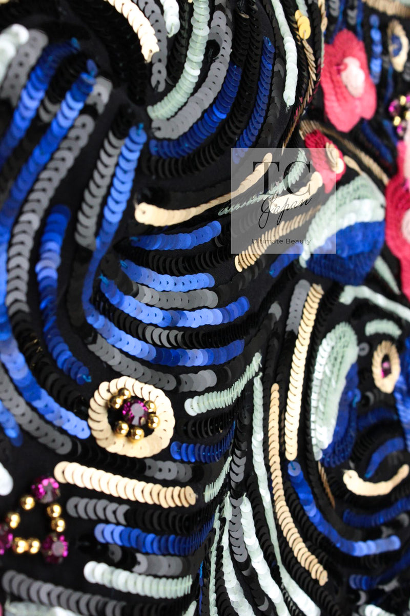 CHANEL 01A Black Multicolor Sequin Embellishments Silk Dress 38 シャネル ブラック マルチカラー シルク スパンコール 幻のドレス ワンピース 即発