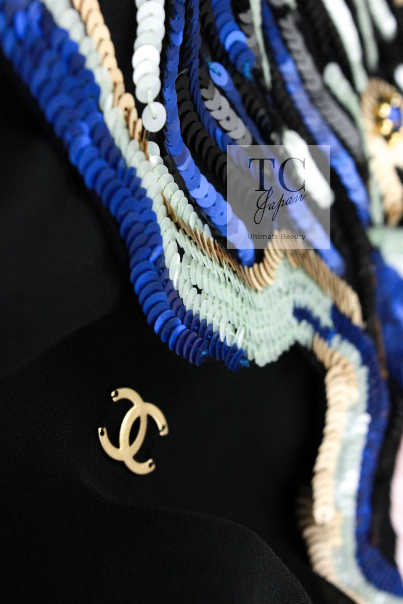 CHANEL 01A Black Multicolor Sequin Embellishments Silk Dress 36 38 シャネル ブラック マルチカラー シルク スパンコール 幻のドレス ワンピース 即発
