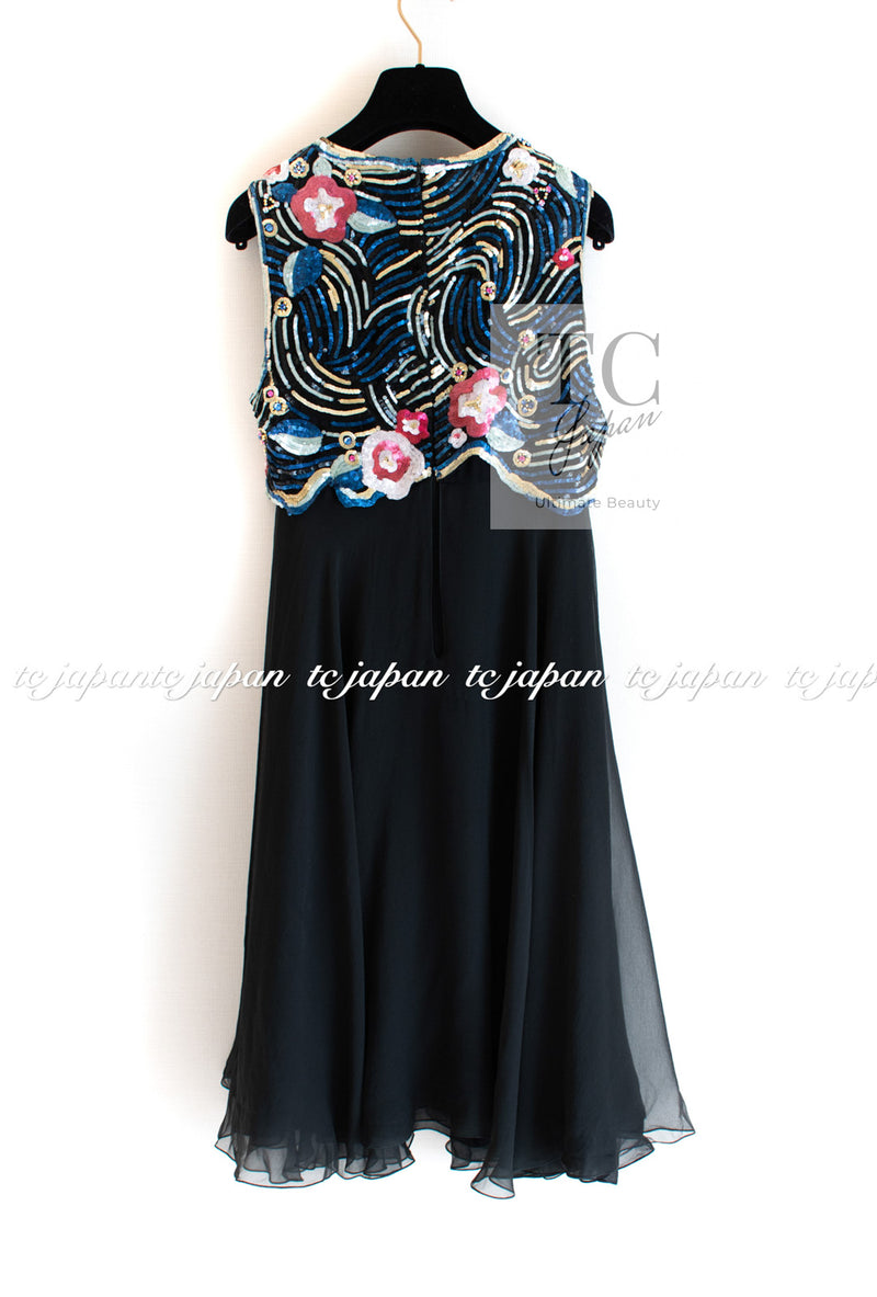 CHANEL 01A Black Multicolor Sequin Embellishments Silk Dress 36 38 シャネル ブラック マルチカラー シルク スパンコール 幻のドレス ワンピース 即発