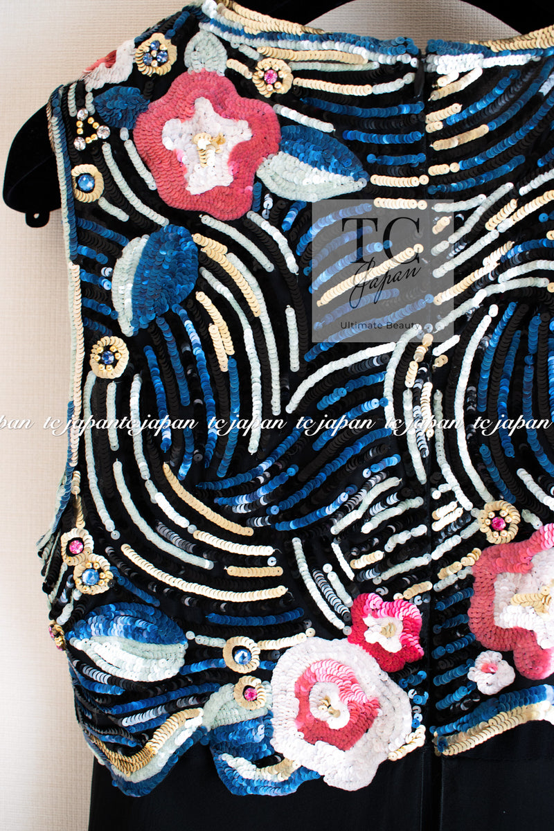 CHANEL 01A Black Multicolor Sequin Embellishments Silk Dress 38 シャネル ブラック マルチカラー シルク スパンコール 幻のドレス ワンピース 即発