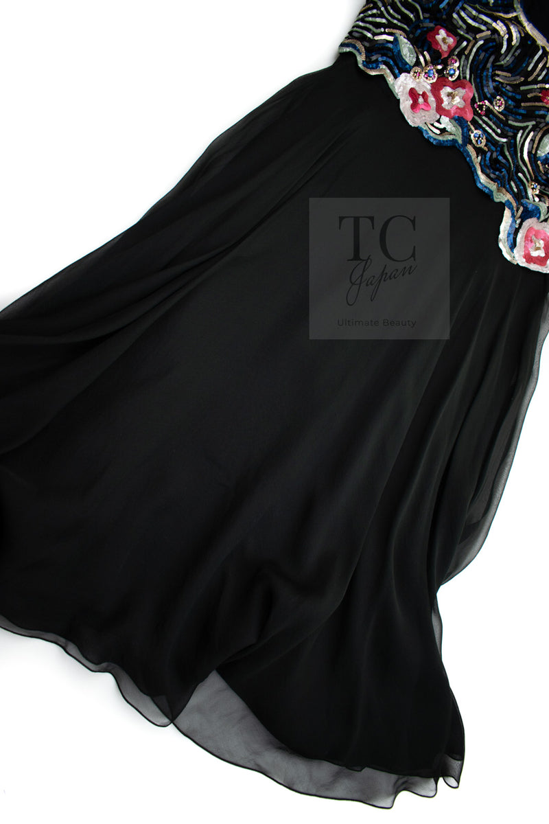 CHANEL 01A Black Multicolor Sequin Embellishments Silk Dress 38 シャネル ブラック マルチカラー シルク スパンコール 幻のドレス ワンピース 即発
