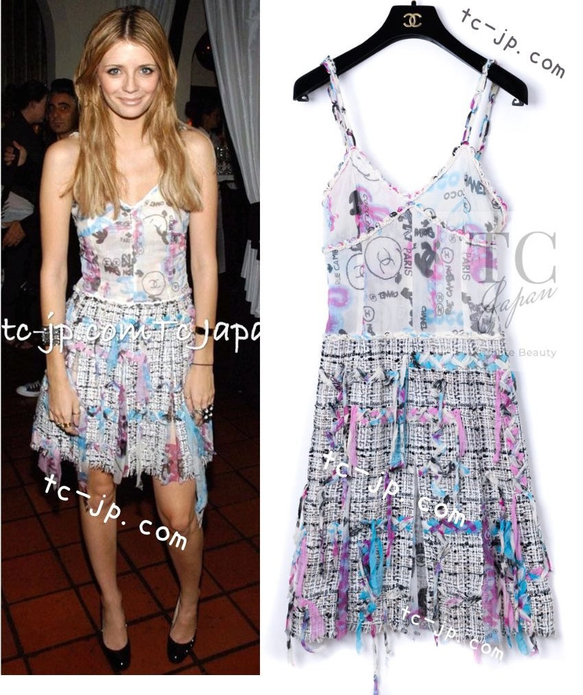 シャネル ワンピース CHANEL ホワイト グラフィティ ロゴ ツイード 07C