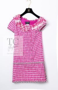 CHANEL 14S Pink White Metallic Trim Cotton Tweed Dress 36 シャネル ピンク ホワイト メタリック トリム コットン ツイード ワンピース 即発