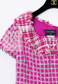 CHANEL 14S Pink White Metallic Trim Cotton Tweed Dress 36 シャネル ピンク ホワイト メタリック トリム コットン ツイード ワンピース 即発
