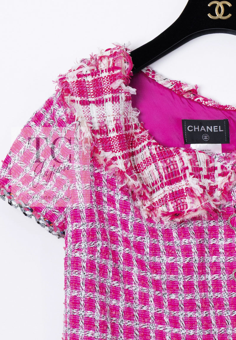CHANEL 14S Pink White Metallic Trim Cotton Tweed Dress 36 シャネル ピンク ホワイト メタリック トリム コットン ツイード ワンピース 即発