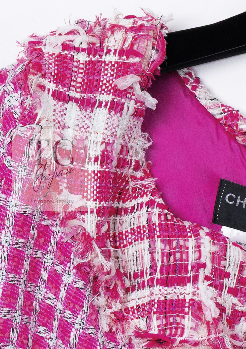 CHANEL 14S Pink White Metallic Trim Cotton Tweed Dress 36 シャネル ピンク ホワイト メタリック トリム コットン ツイード ワンピース 即発